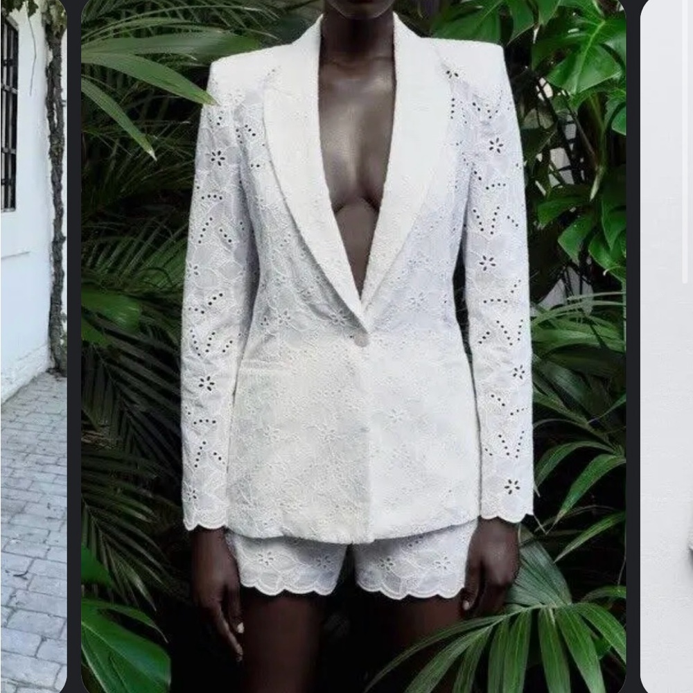 Zara White Eyelet Lace Blazer & Shorts Set